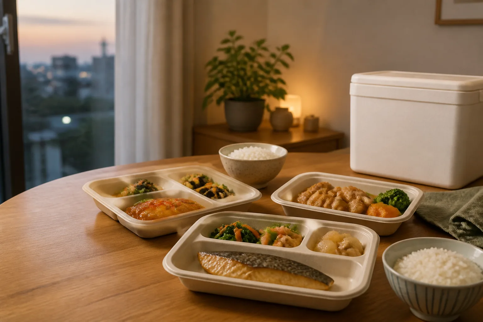冷凍宅配弁当を食卓に並べた様子